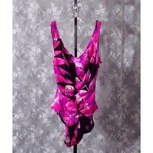 Vintage 80s Swimsuit 1980s Hot Pink Floral High Cut Retro One Piece Size Small
